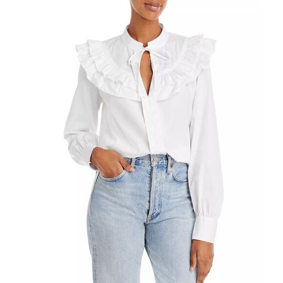 NWT Derek Lam Renee Long Sleeve Ruffle Button Down White Blouse - Picture 1 of 14